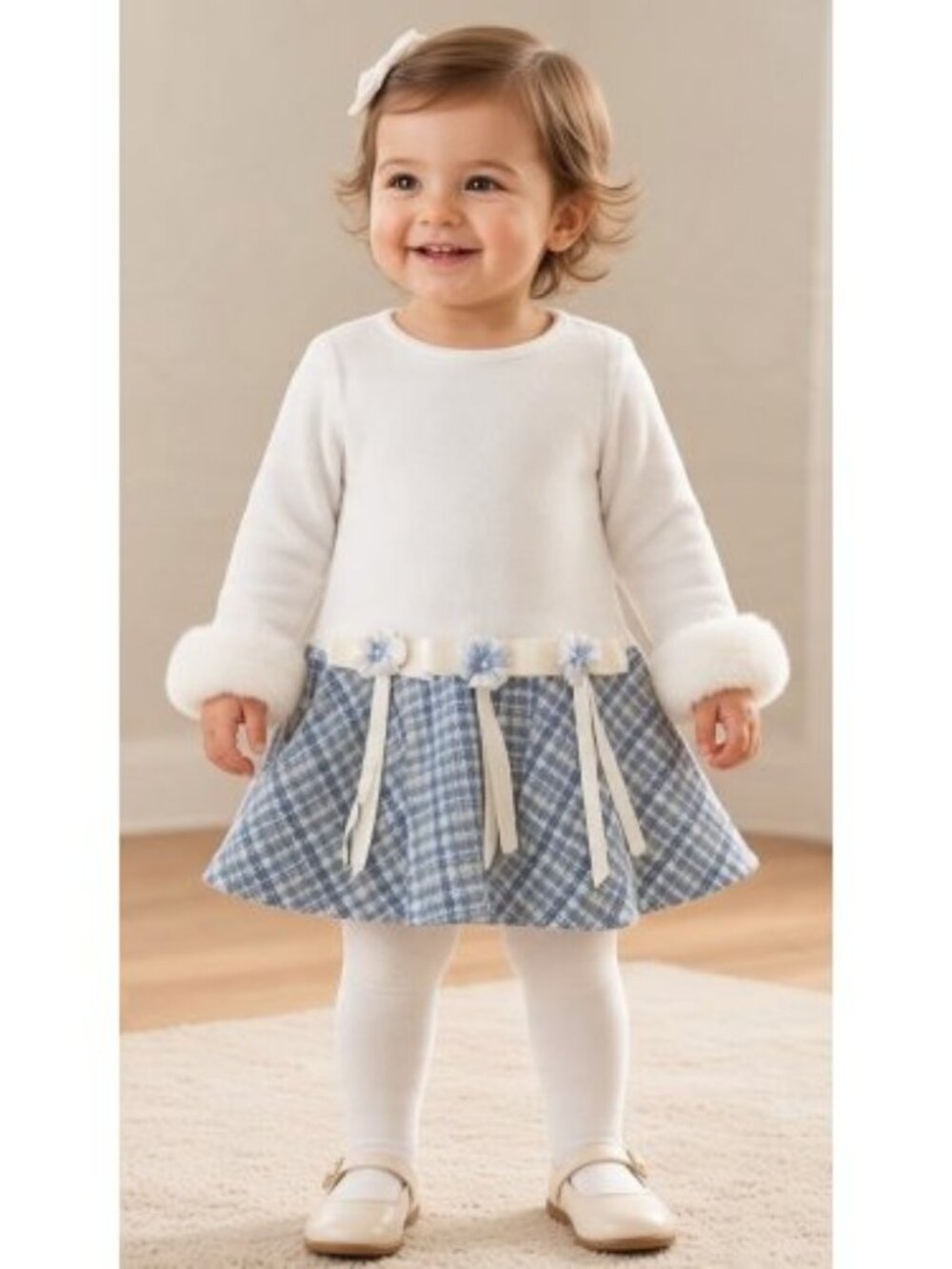 RARE EDITIONS Soft Plush and Blue Plaid Long Sleeved Dress Girls Size 2T